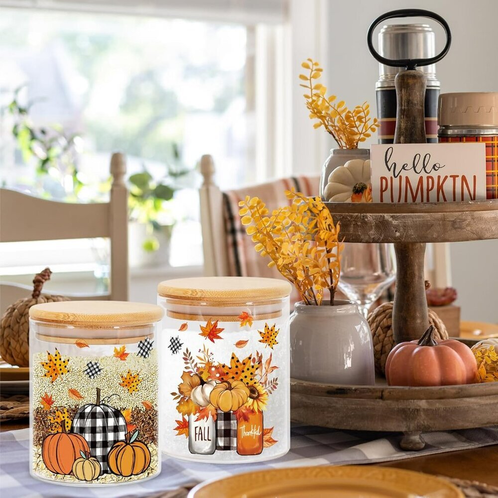 3Pcs Fall Glass Storage Jars with Airtight Bamboo Lid Pumpkin Truck Leaves Clear - Picture 6 of 6